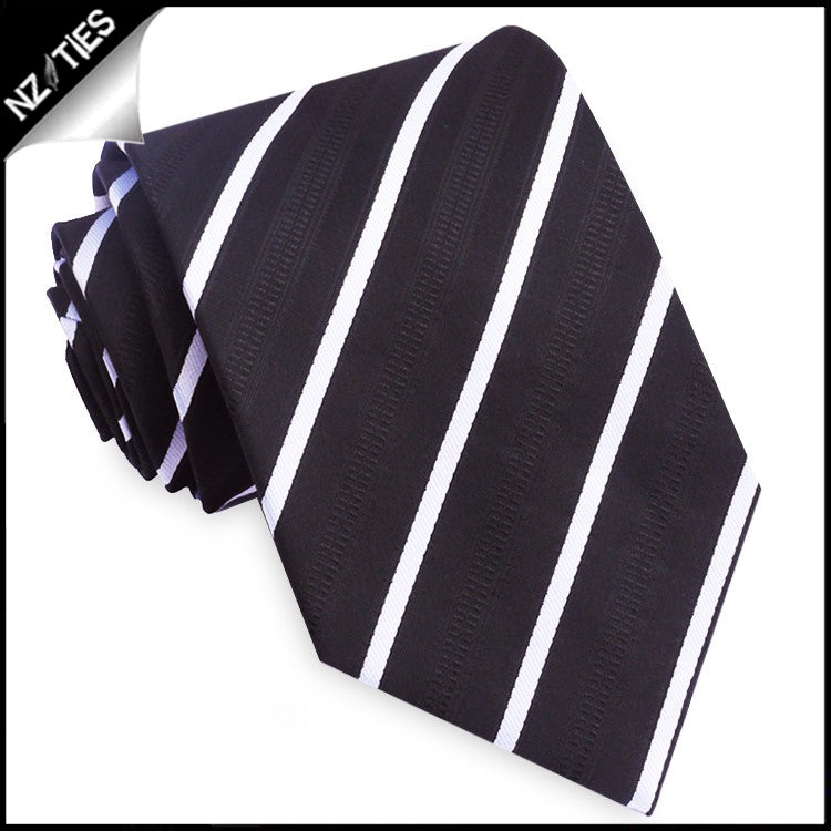 Black with Thin White Bands & Zip Texture Tie Set 2