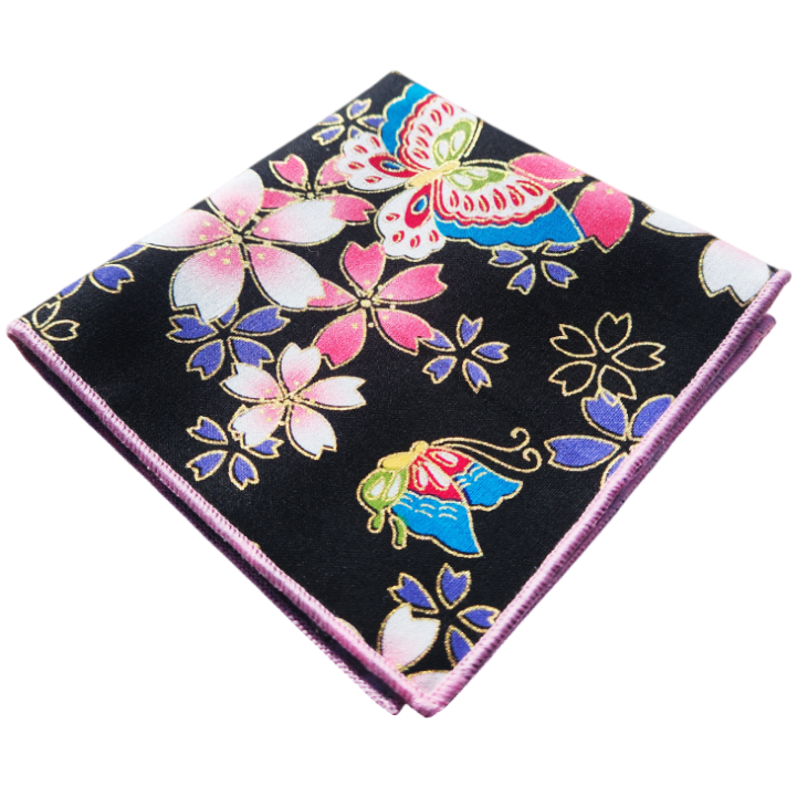 Black with Floral & Butterflies Pocket Square