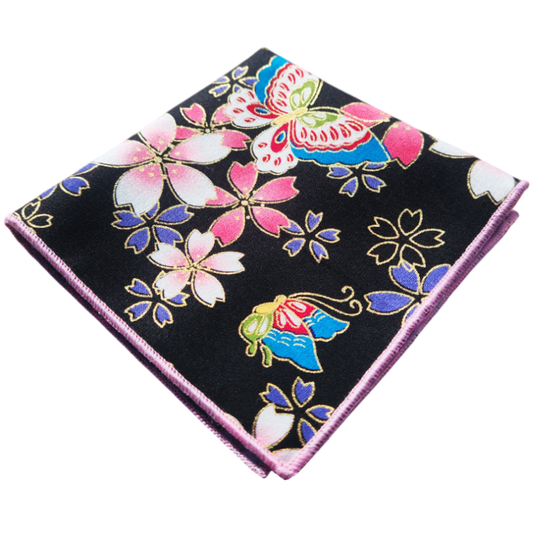 Black with Floral & Butterflies Pocket Square