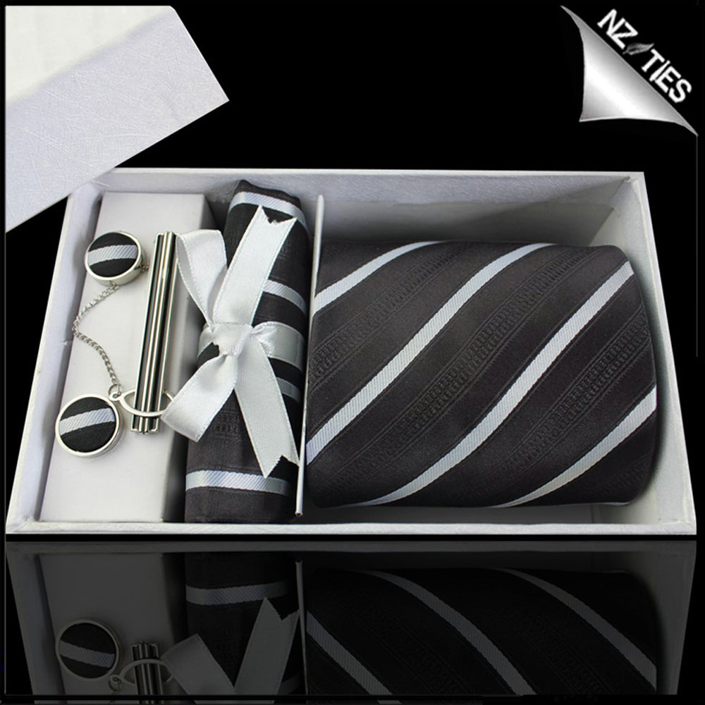 Black with Thin White Bands & Zip Texture Tie Set