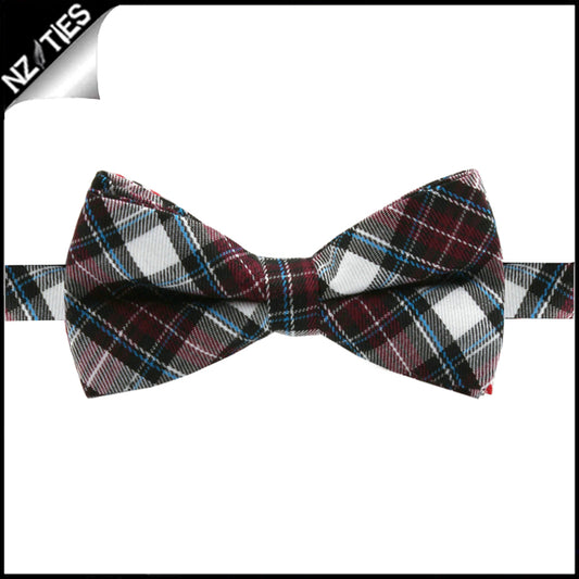 Boys Burgundy, Blue, Black and White Tartan Bow Tie
