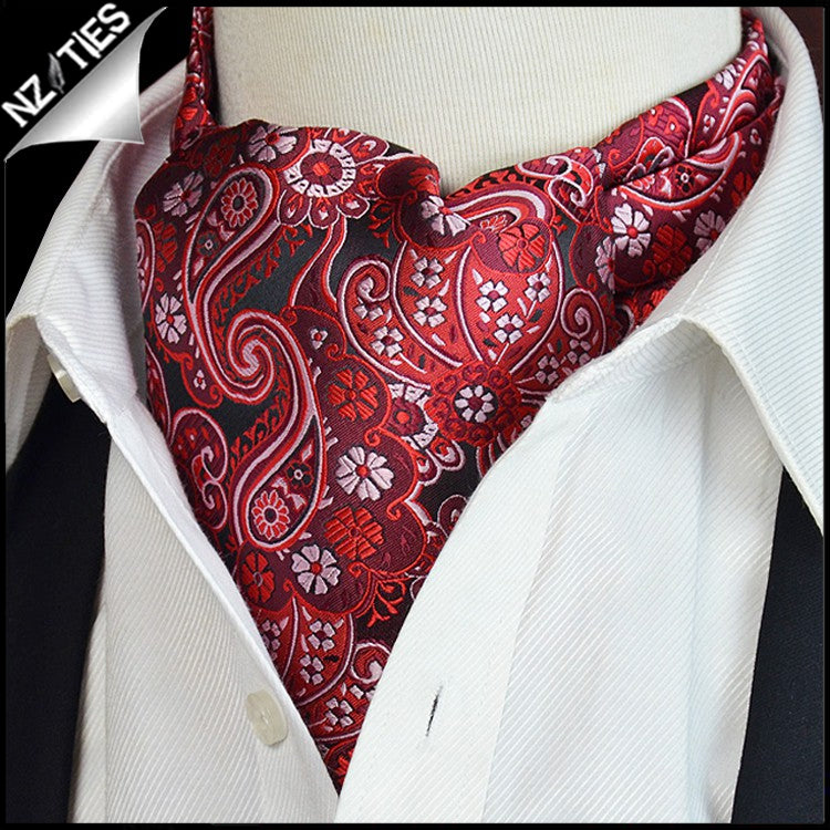 Black with Red & White Floral Paisley Ascot Cravat