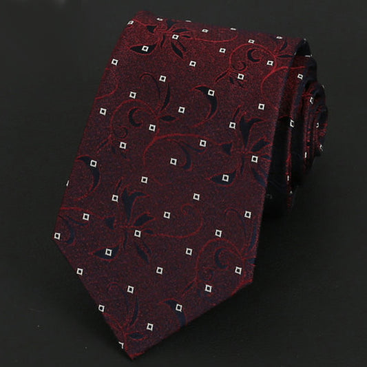 Burgundy Floral Pattern with White Squares Silk Tie