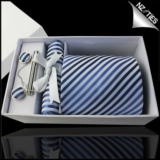 White with Dark & Light Blue Thin Stripes Tie Set