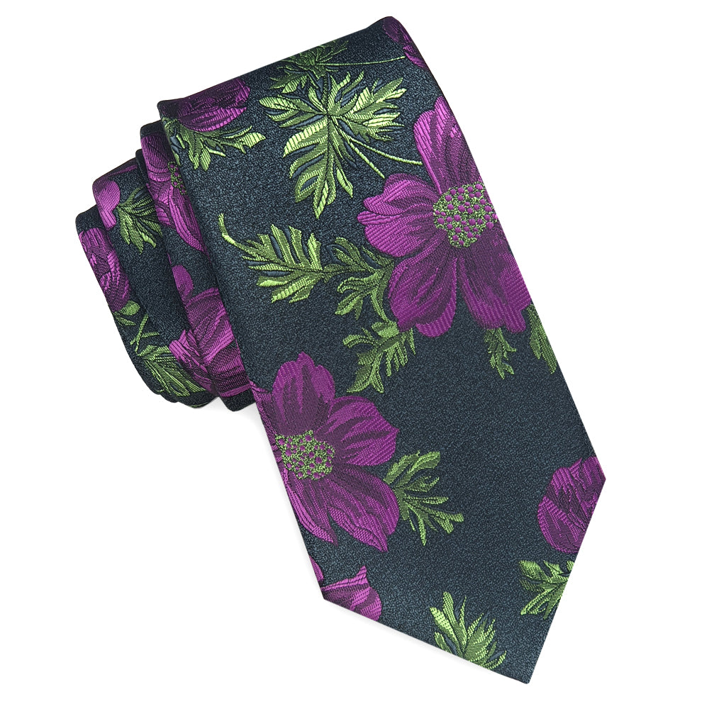 Black with Green and Purple Floral Slim Tie