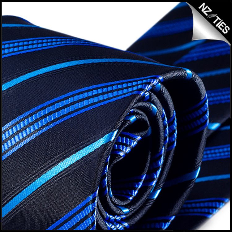 Black with Blue and Light Blue Stripes Mens Necktie 2