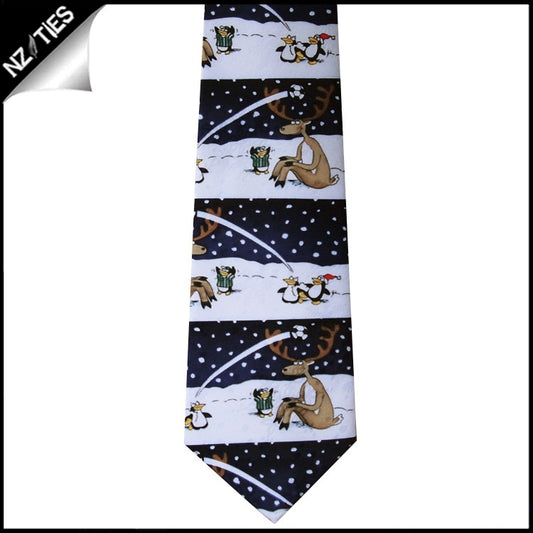 Black Reindeer Penguins Sports Christmas Tie