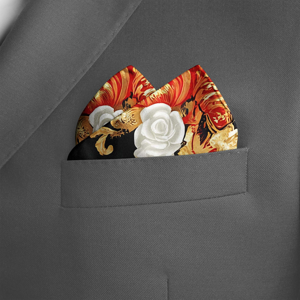Genuine Silk Gold Baroque with White Roses Pocket Square