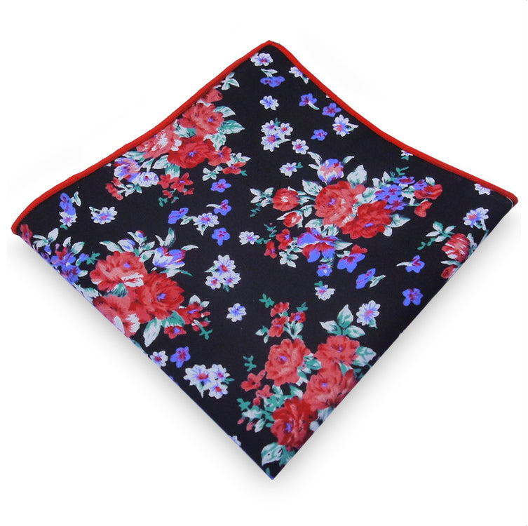 Black with Red, White & Purple Floral Pocket Square