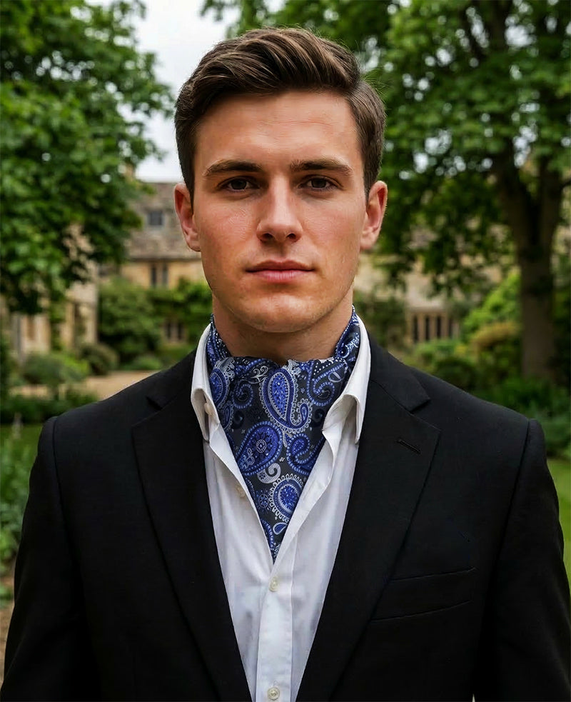 Blue, Black and White Large Paisley Teardrop Ascot Cravat