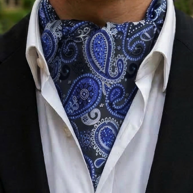 Blue, Black and White Large Paisley Teardrop Ascot Cravat
