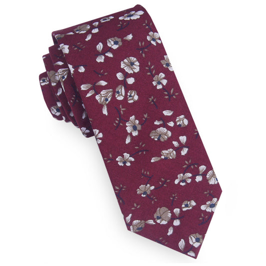 Burgundy with White Floral Mens Skinny Necktie