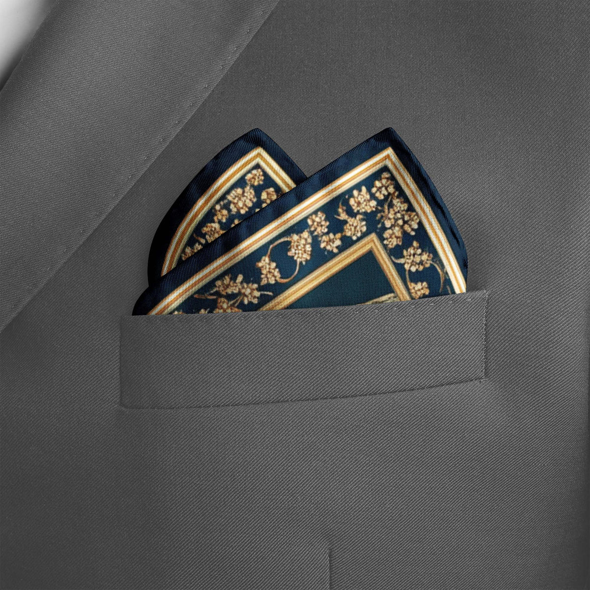 Genuine Silk Teal Gold Forest Botanical Pocket Square