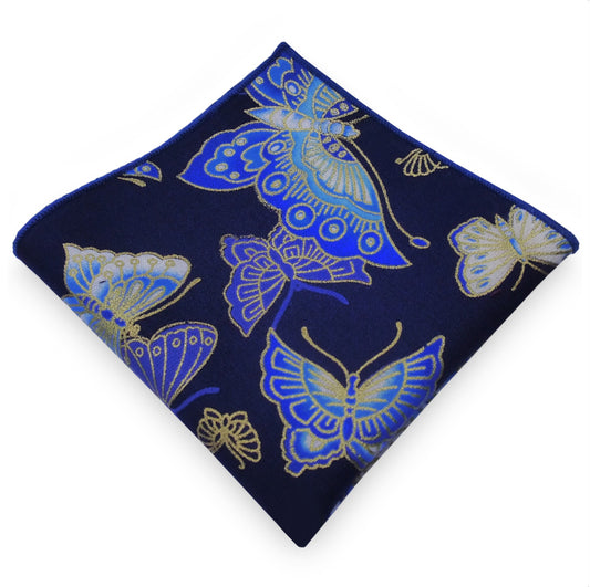 Dark Blue with Gold, Blue & White Butterflies Pocket Square