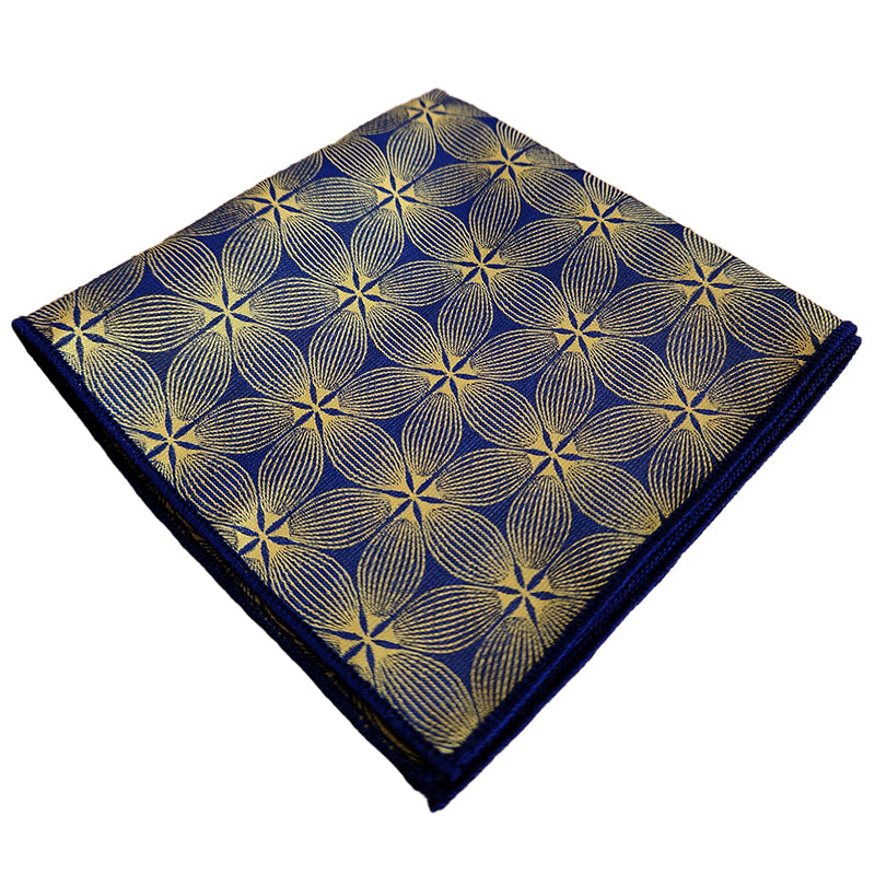 Dark Blue with Gold Symmetrical Floral Pocket Square