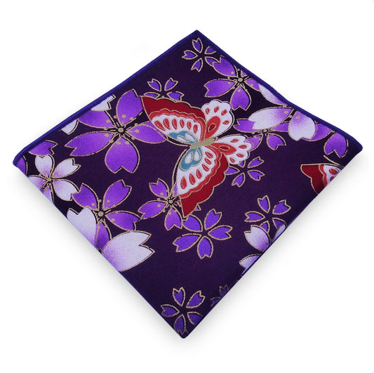 Dark Purple with Floral & Butterflies Pocket Square