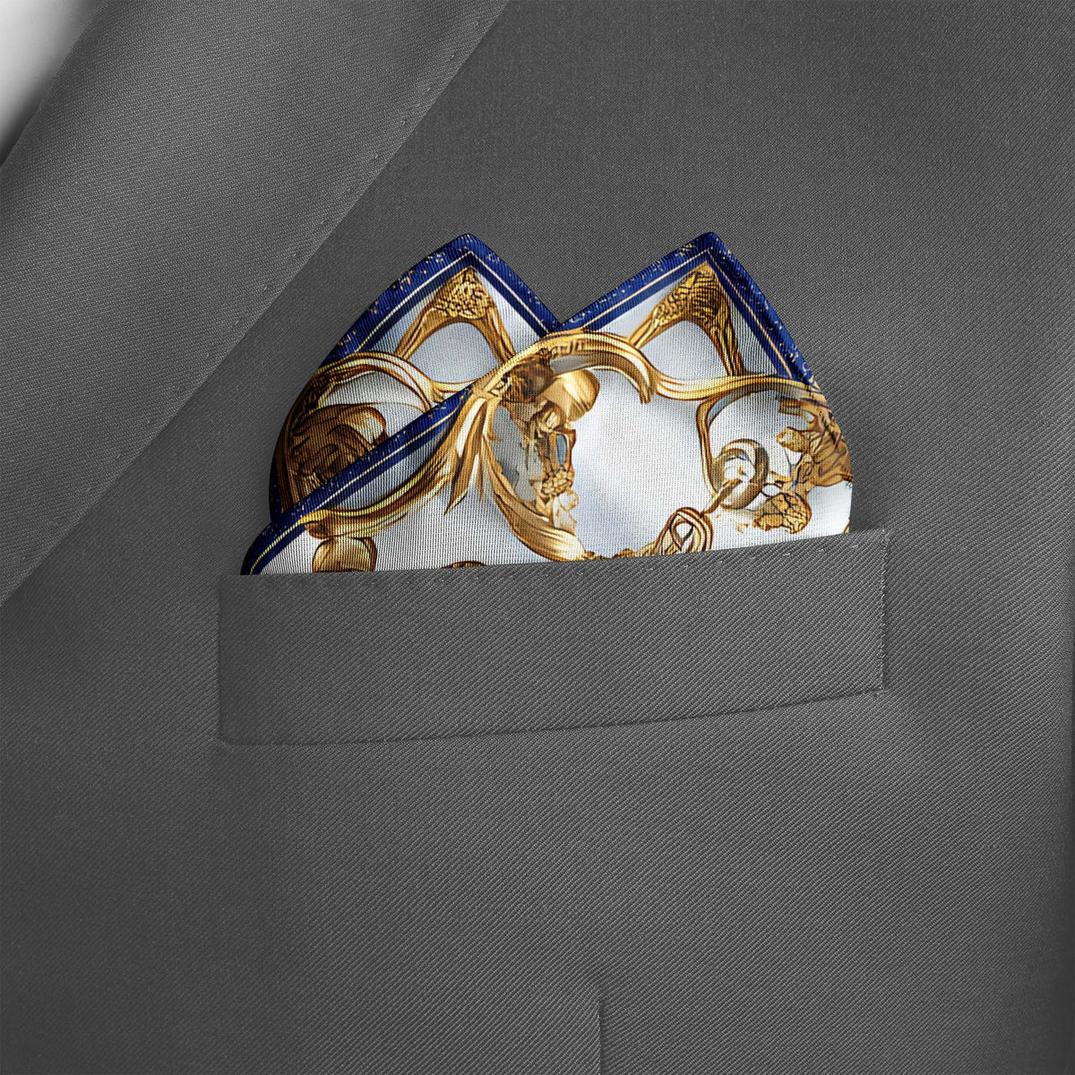Genuine Silk Royal Blue Horse with Gold Chains Pocket Square