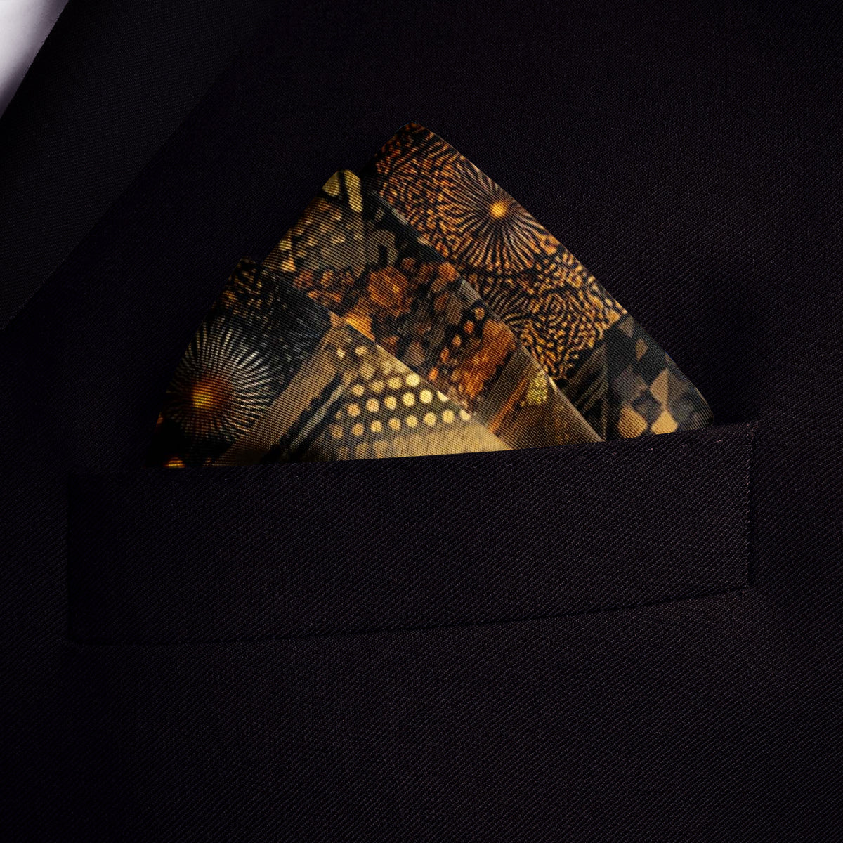 Genuine Silk Amber Mosaic and Midnight Lights Pocket Square