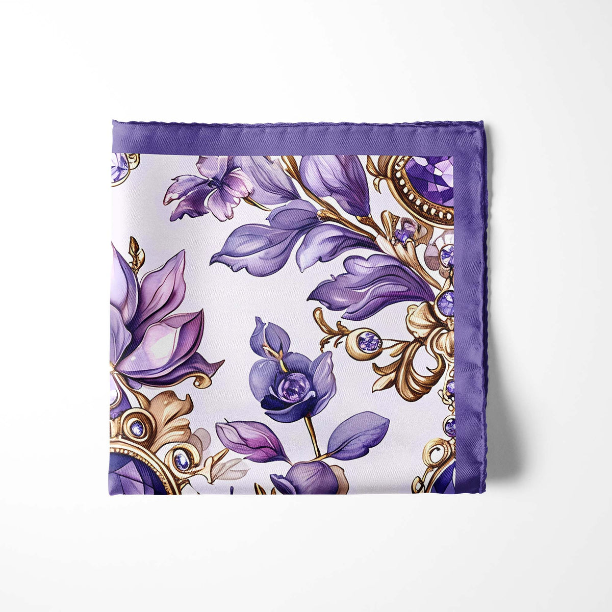 Genuine Silk Amethyst Jewel and Lisianthus Floral Pocket Square