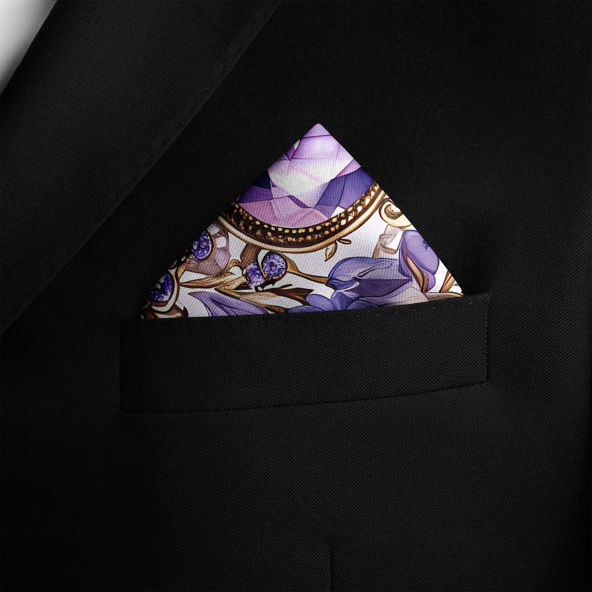 Genuine Silk Amethyst Jewel and Lisianthus Floral Pocket Square
