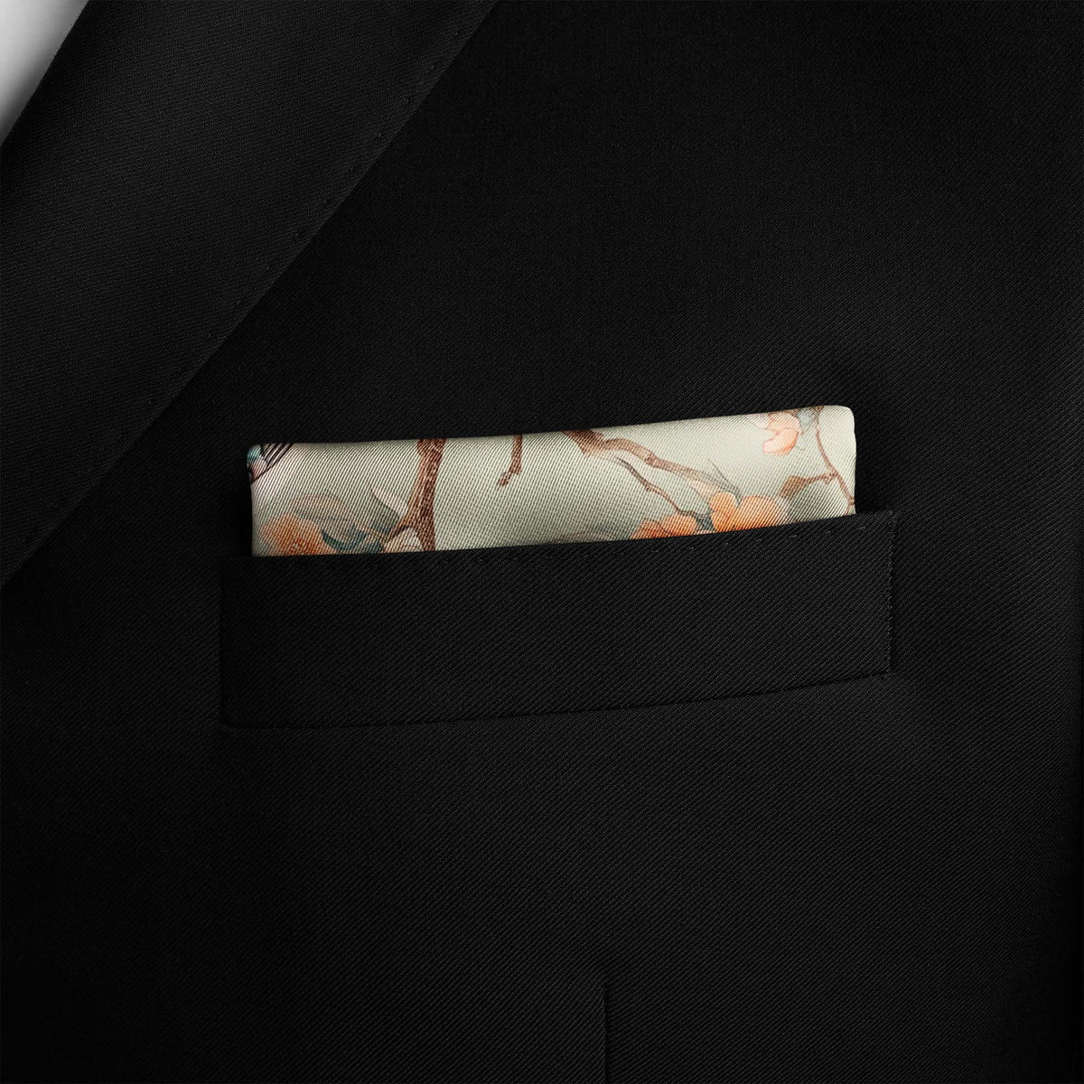 Genuine Silk Birdsong and Peach Blossom Reverie Pocket Square