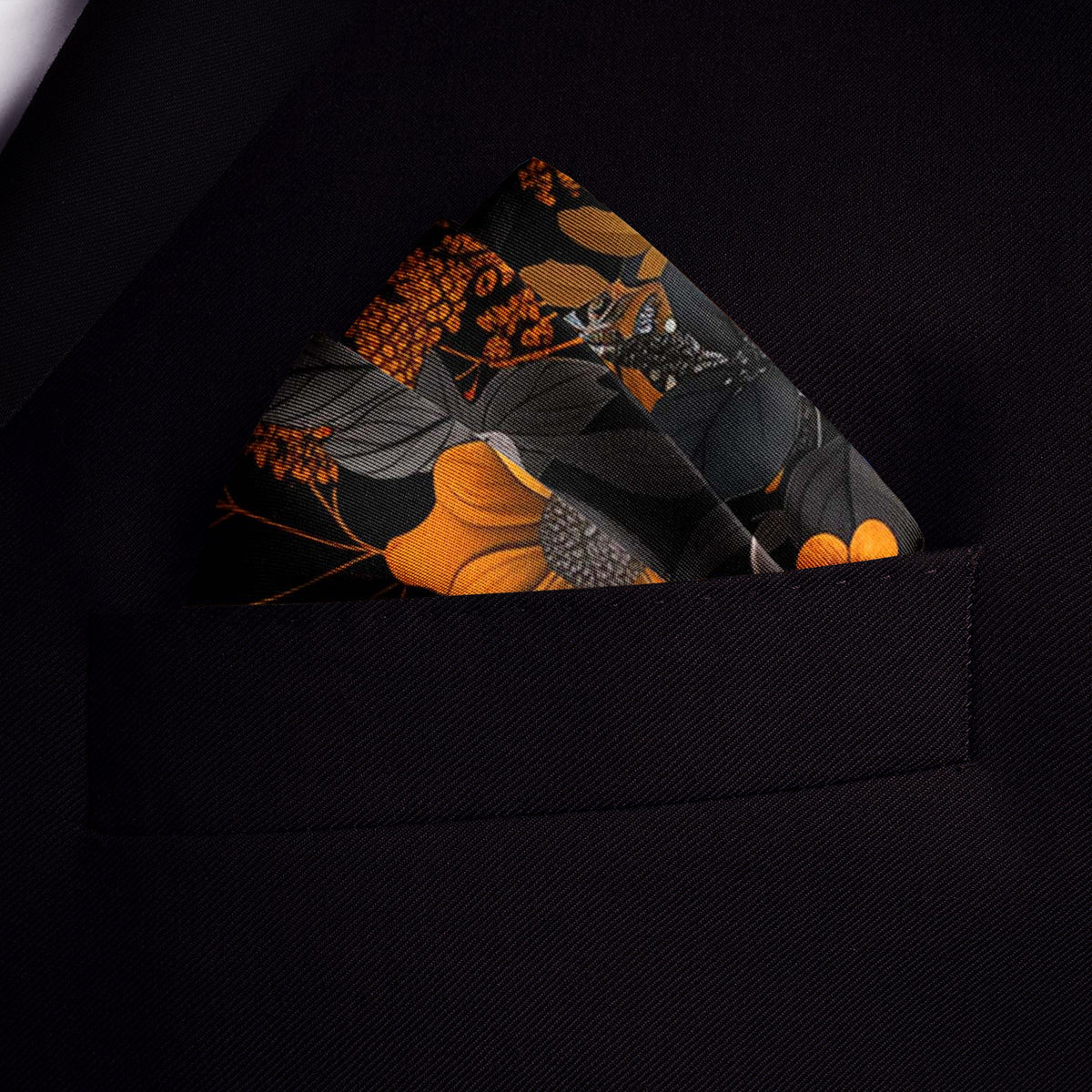 Genuine Silk Black Amber Wild Bloom Pocket Square