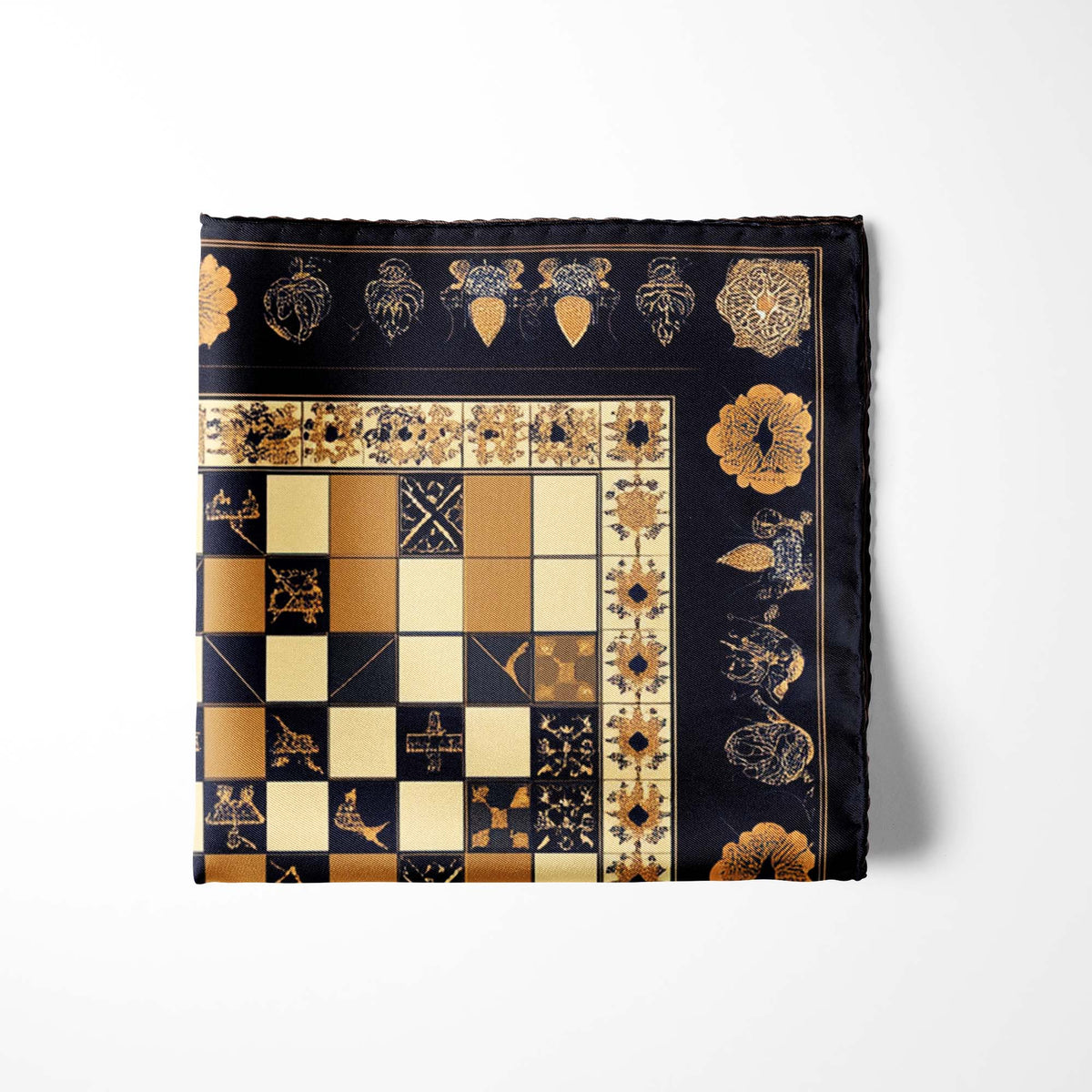 Genuine Silk Black & Gold Heraldic Chessboard Pocket Square