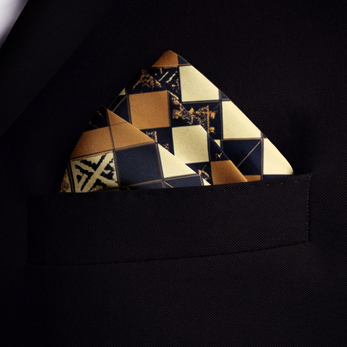 Genuine Silk Black & Gold Heraldic Chessboard Pocket Square