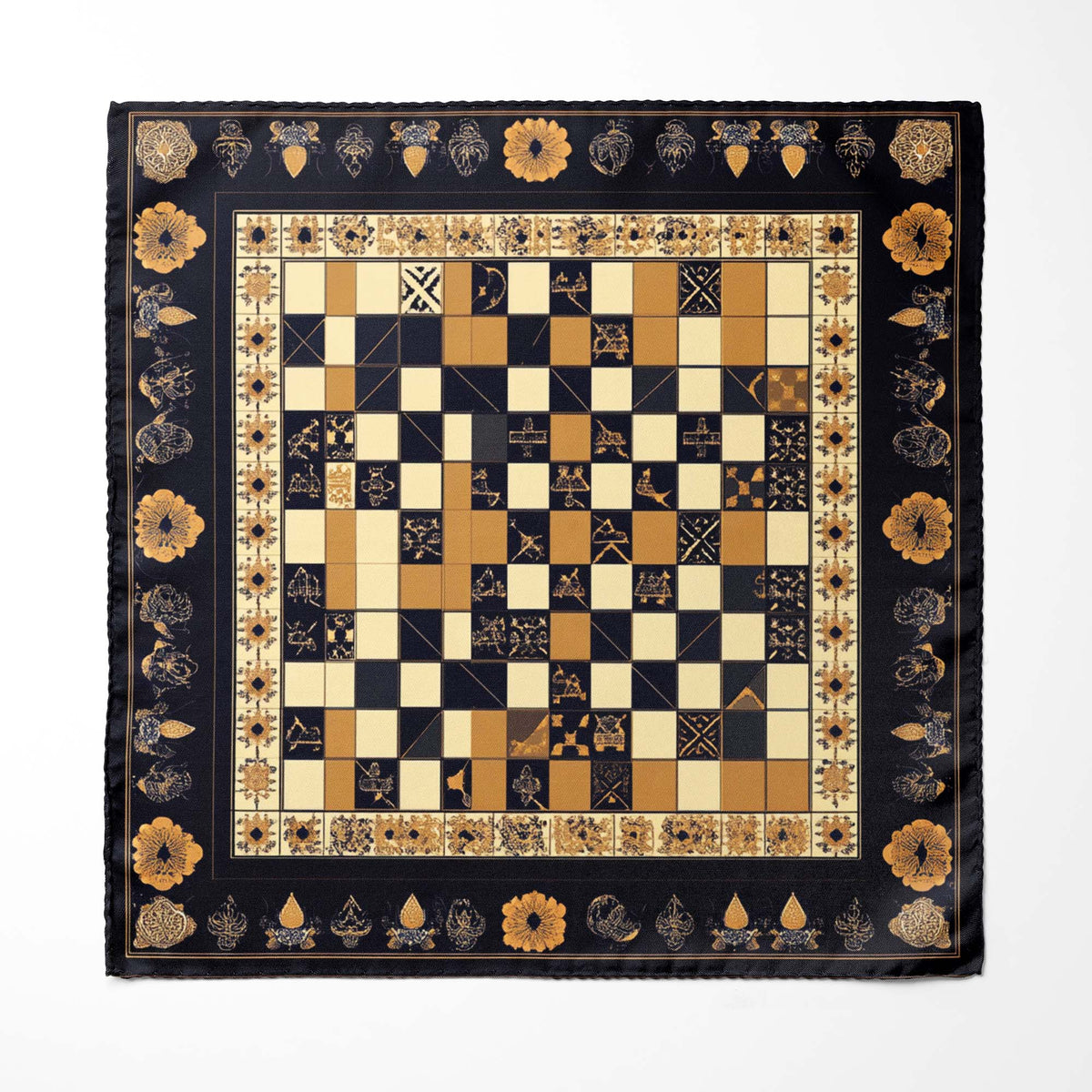 Genuine Silk Black & Gold Heraldic Chessboard Pocket Square