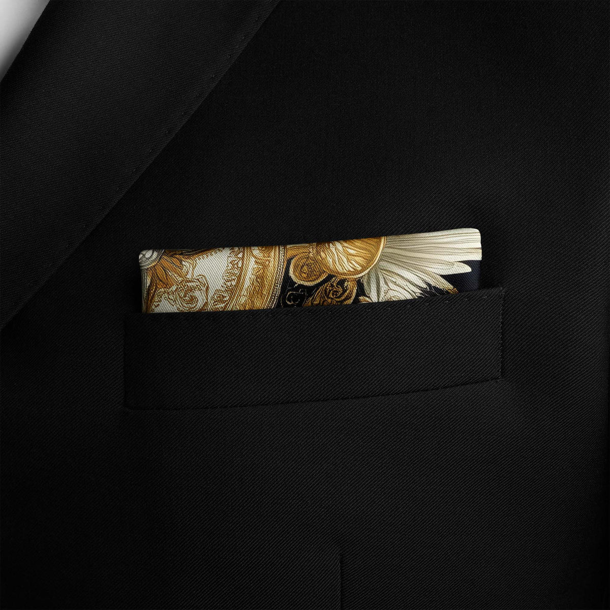 Genuine Silk Black Gold Rococo Dove Compass Pocket Square