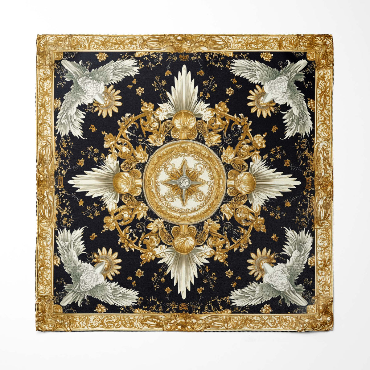 Genuine Silk Black Gold Rococo Dove Compass Pocket Square