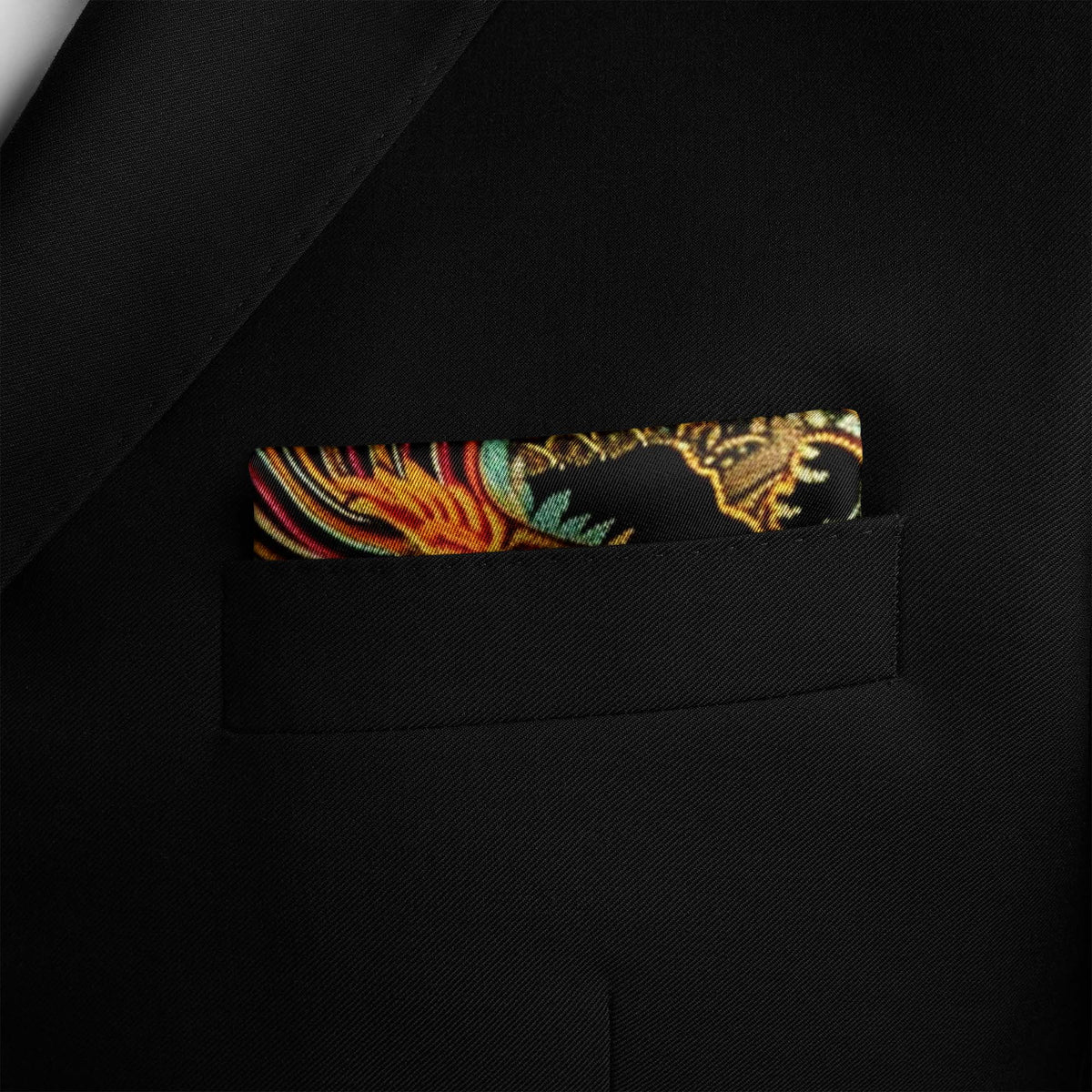 Genuine Silk Black with Gold Traditional Chinese Dragon Pocket Square