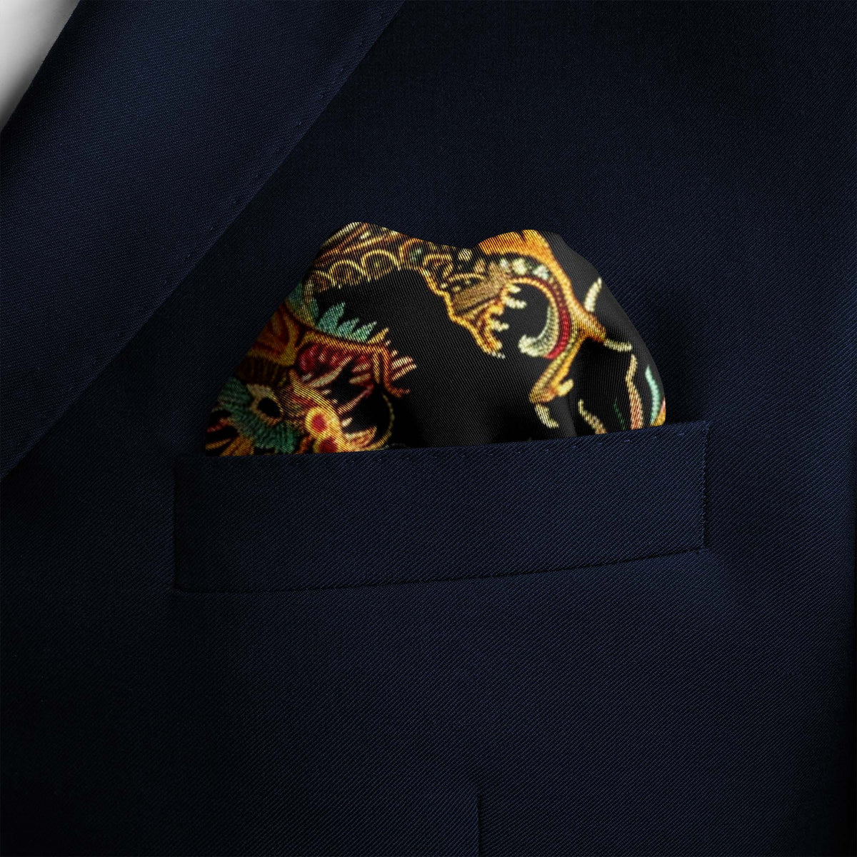 Genuine Silk Black with Gold Traditional Chinese Dragon Pocket Square