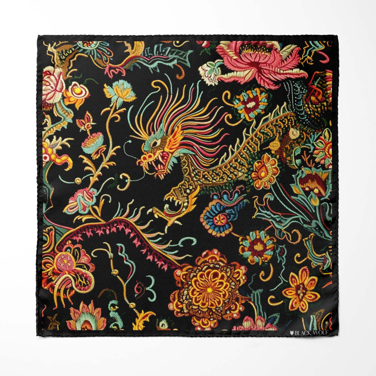 Genuine Silk Black with Gold Traditional Chinese Dragon Pocket Square