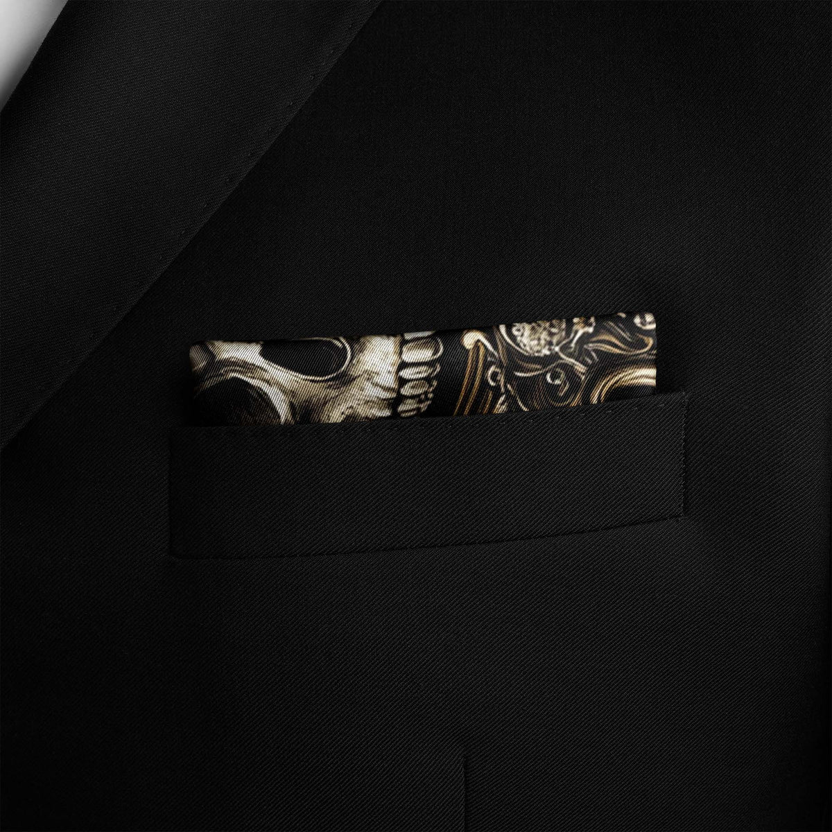 Genuine Silk Black with Skull and Gold Filigree Pocket Square