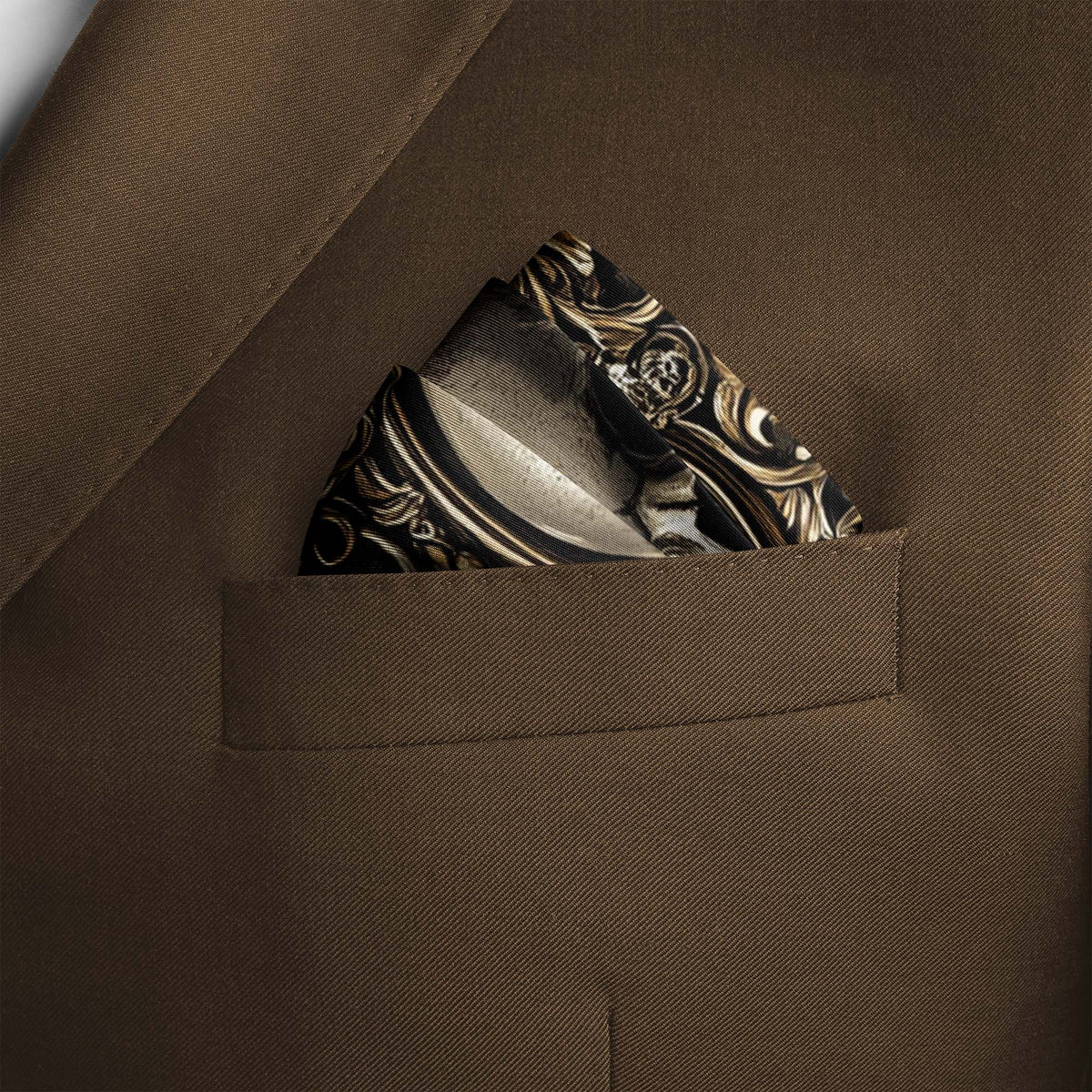 Genuine Silk Black with Skull and Gold Filigree Pocket Square