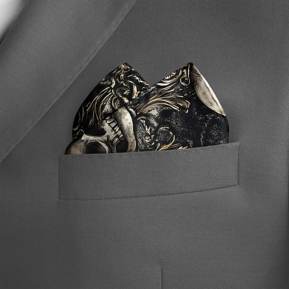 Genuine Silk Black with Skull and Gold Filigree Pocket Square