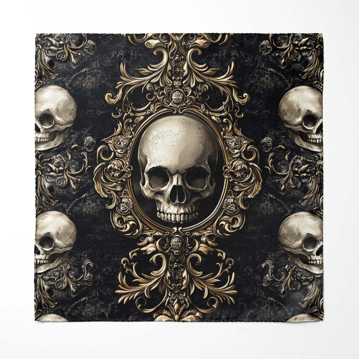 Genuine Silk Black with Skull and Gold Filigree Pocket Square