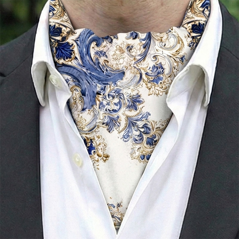 Genuine Silk Blue Rococo Flourish Ascot Cravat