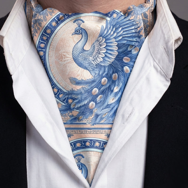 Genuine Silk Coral with Blue Peacocks Ascot Cravat