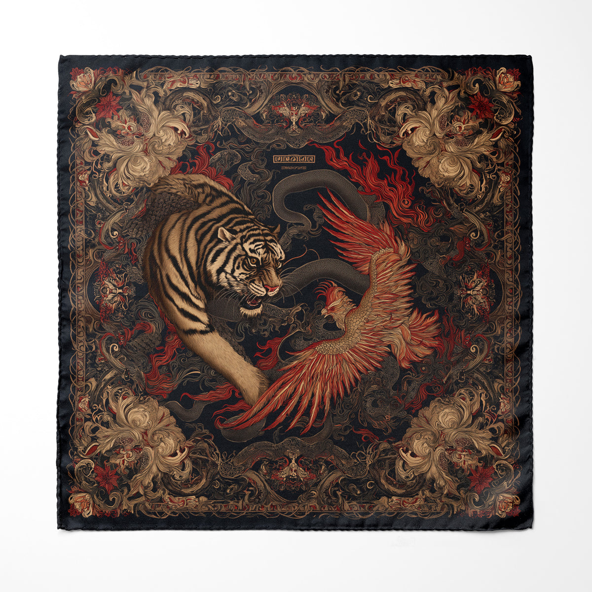 Genuine Silk Crimson Tiger Phoenix Pocket Square