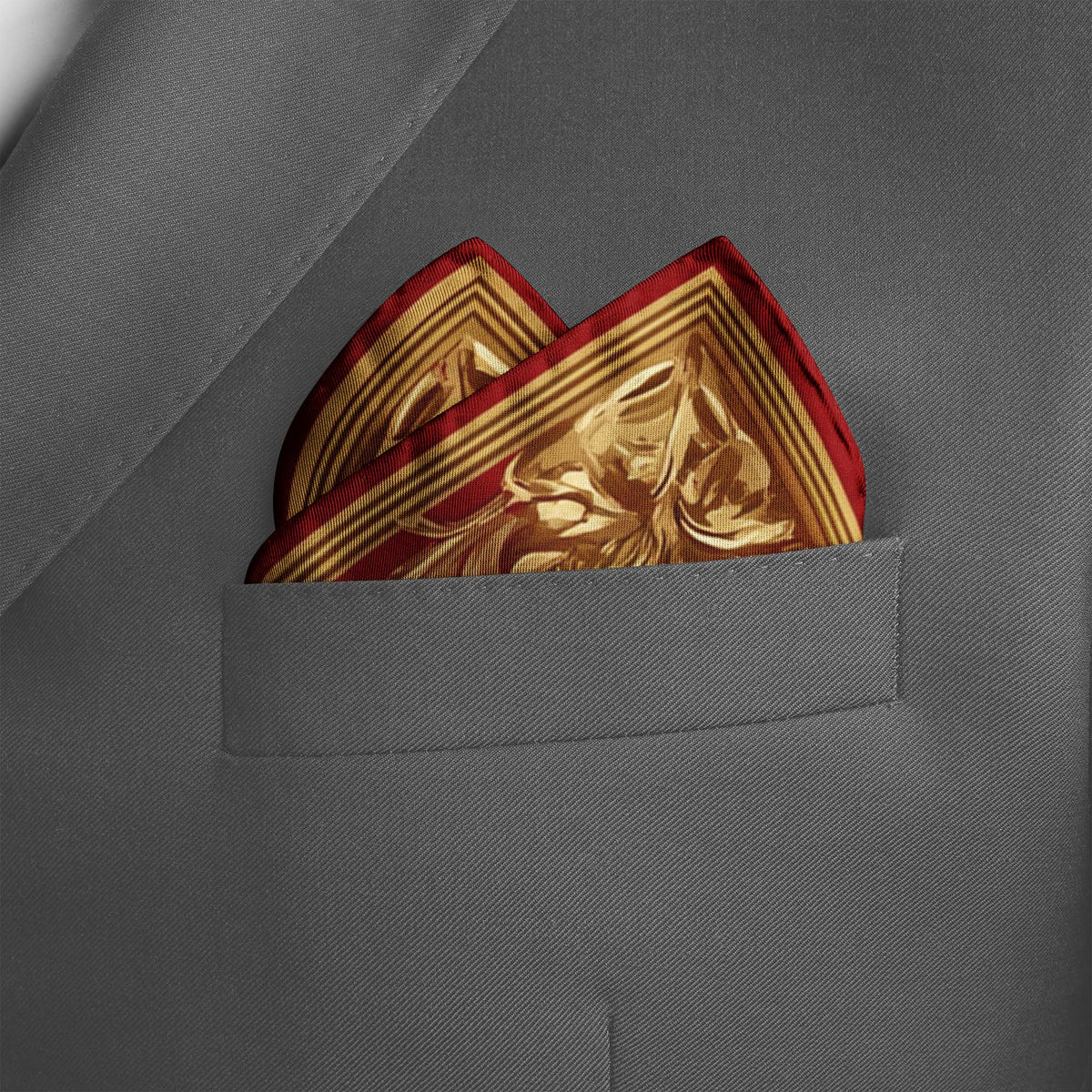 Genuine Silk Crimson and Gold Heraldic Lion Pocket Square