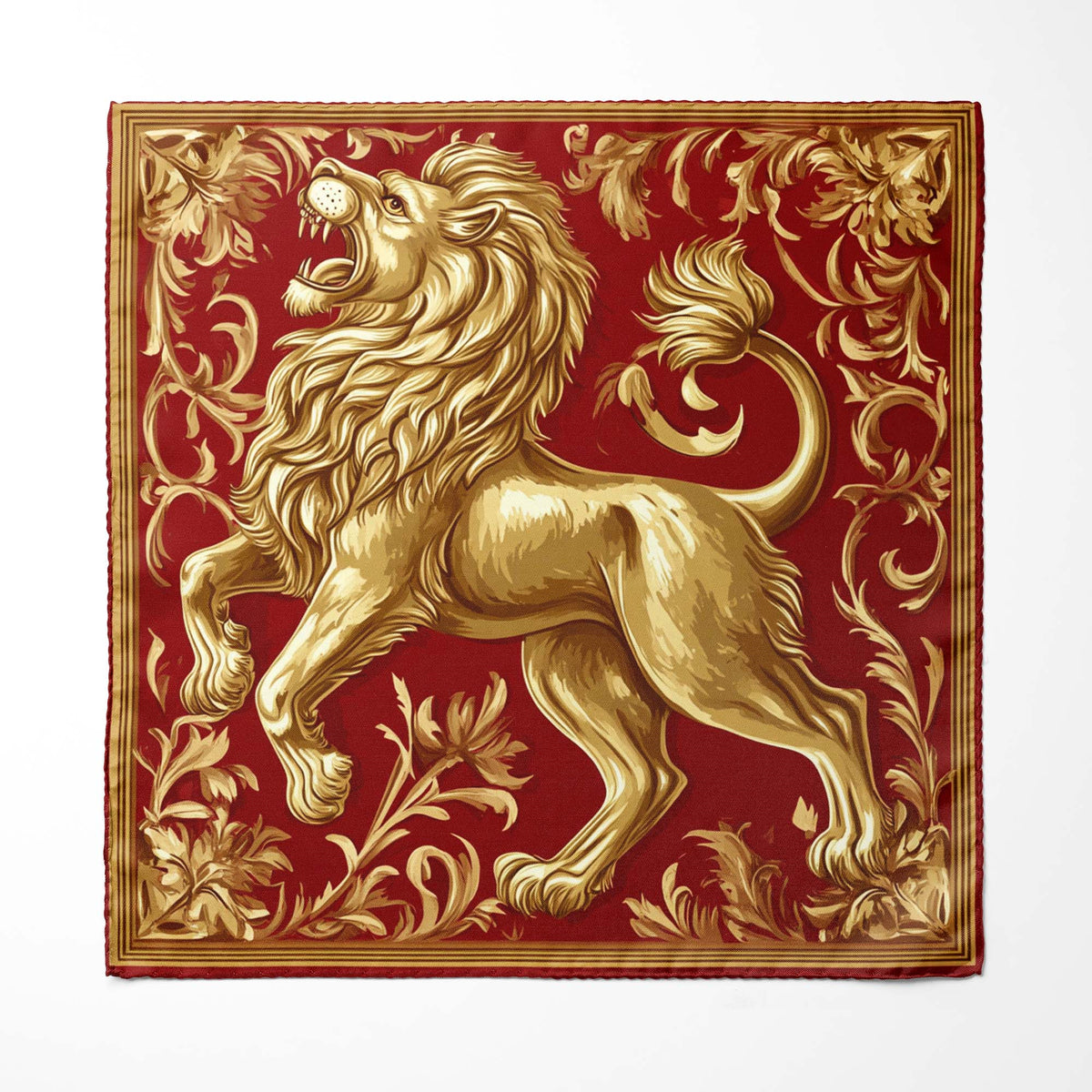 Genuine Silk Crimson and Gold Heraldic Lion Pocket Square