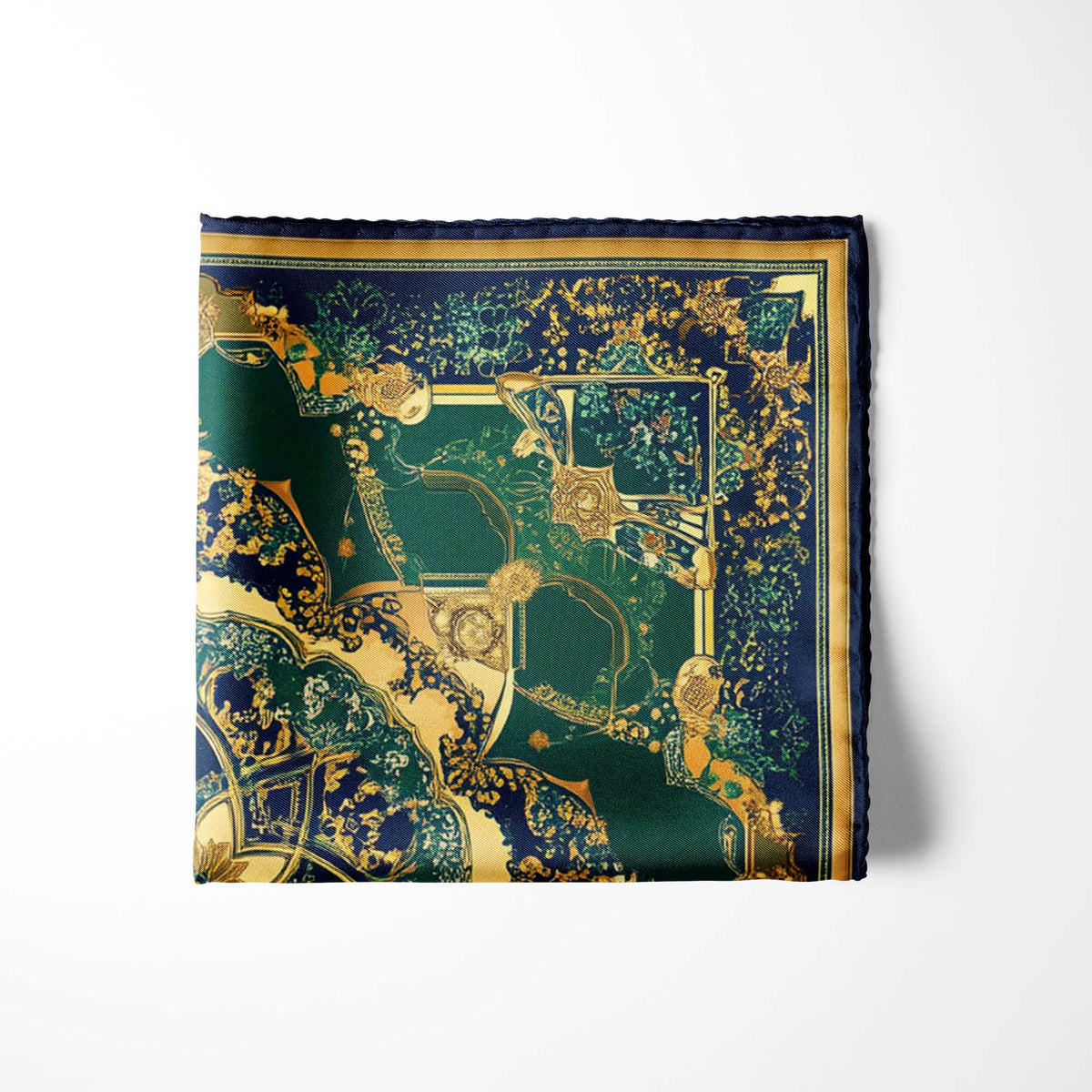 Genuine Silk Emerald Baroque Medallion Regal Pocket Square