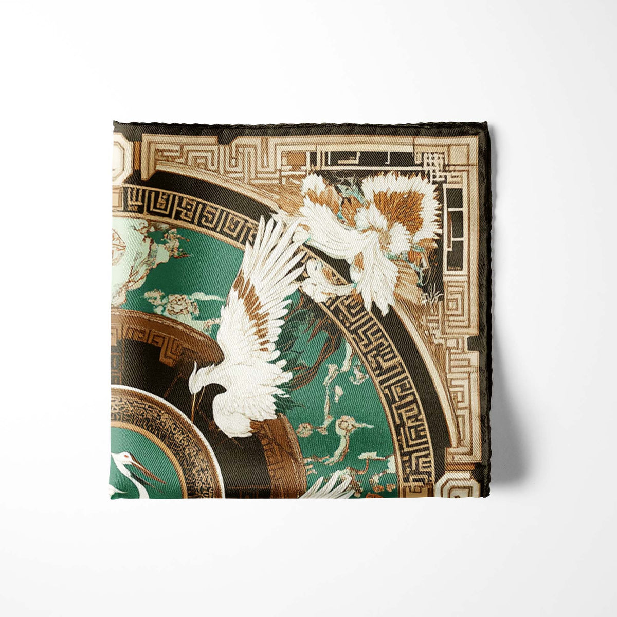Genuine Silk Emerald Crane and Cloud Tapestry Pocket Square