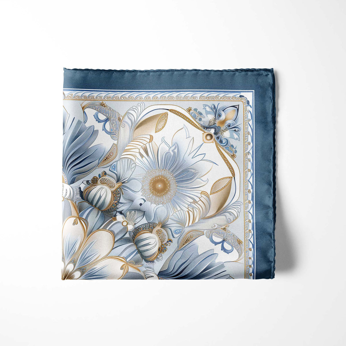 Genuine Silk Frosted Blue and Gold Mandala Pocket Square