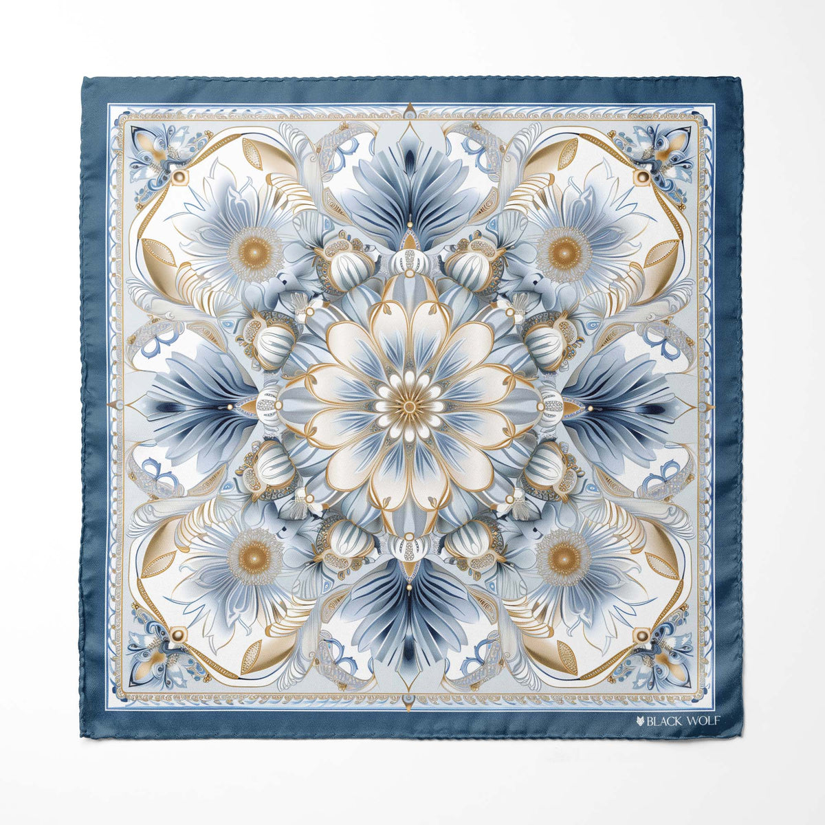 Genuine Silk Frosted Blue and Gold Mandala Pocket Square