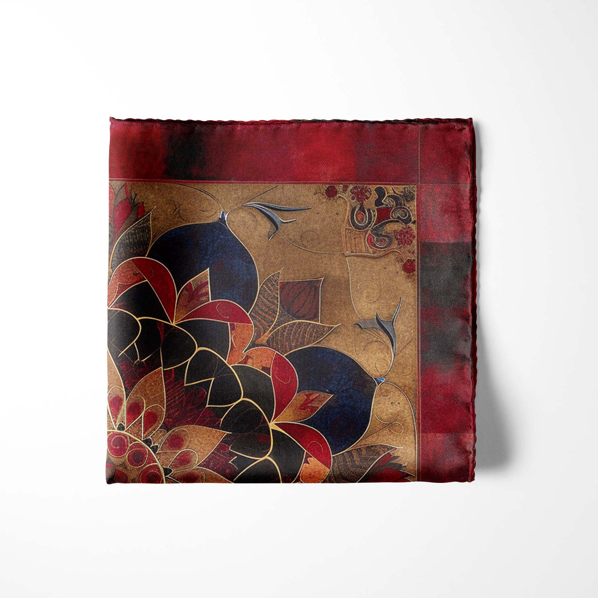 Genuine Silk Garnet Mandala and Royal Lotus Pocket Square
