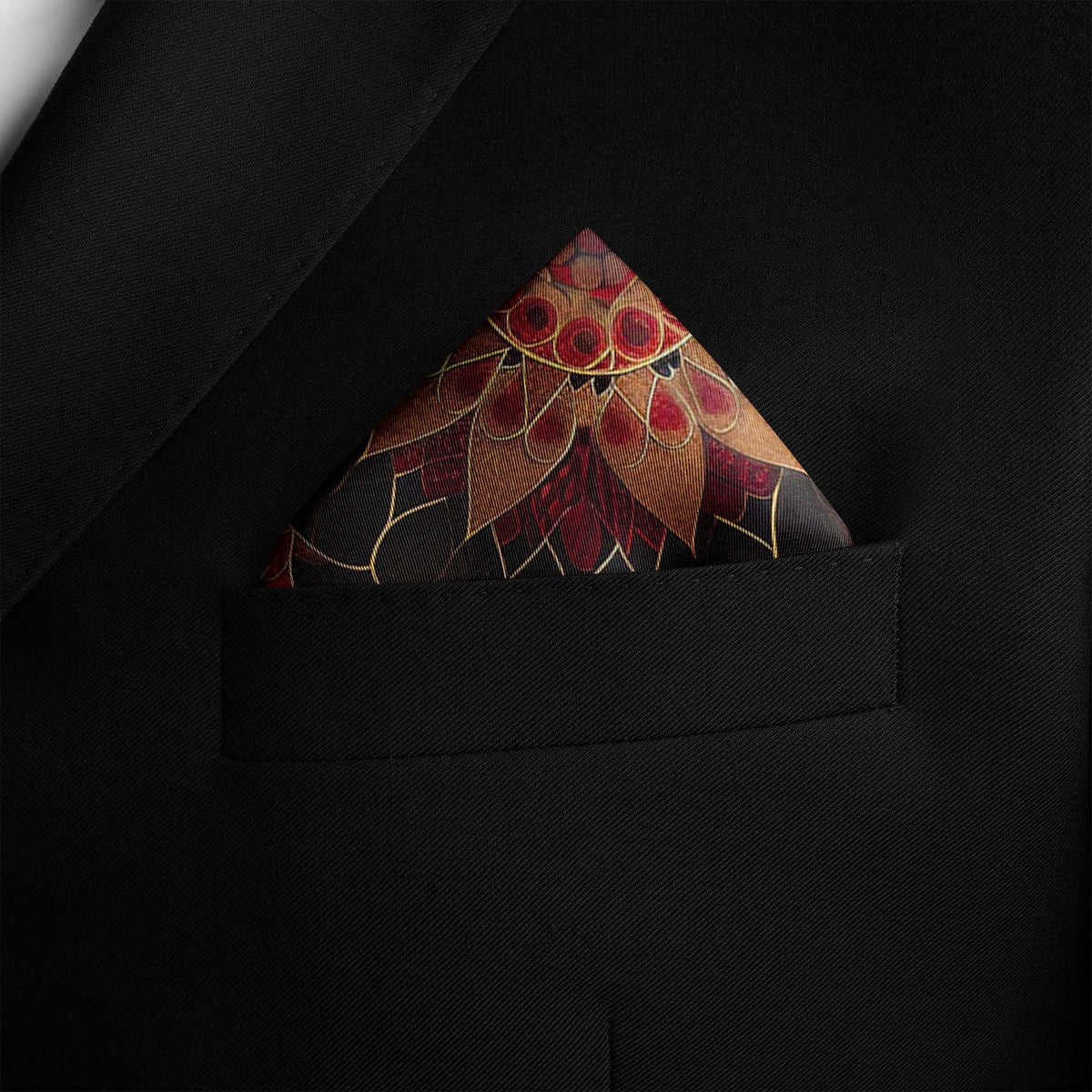 Genuine Silk Garnet Mandala and Royal Lotus Pocket Square