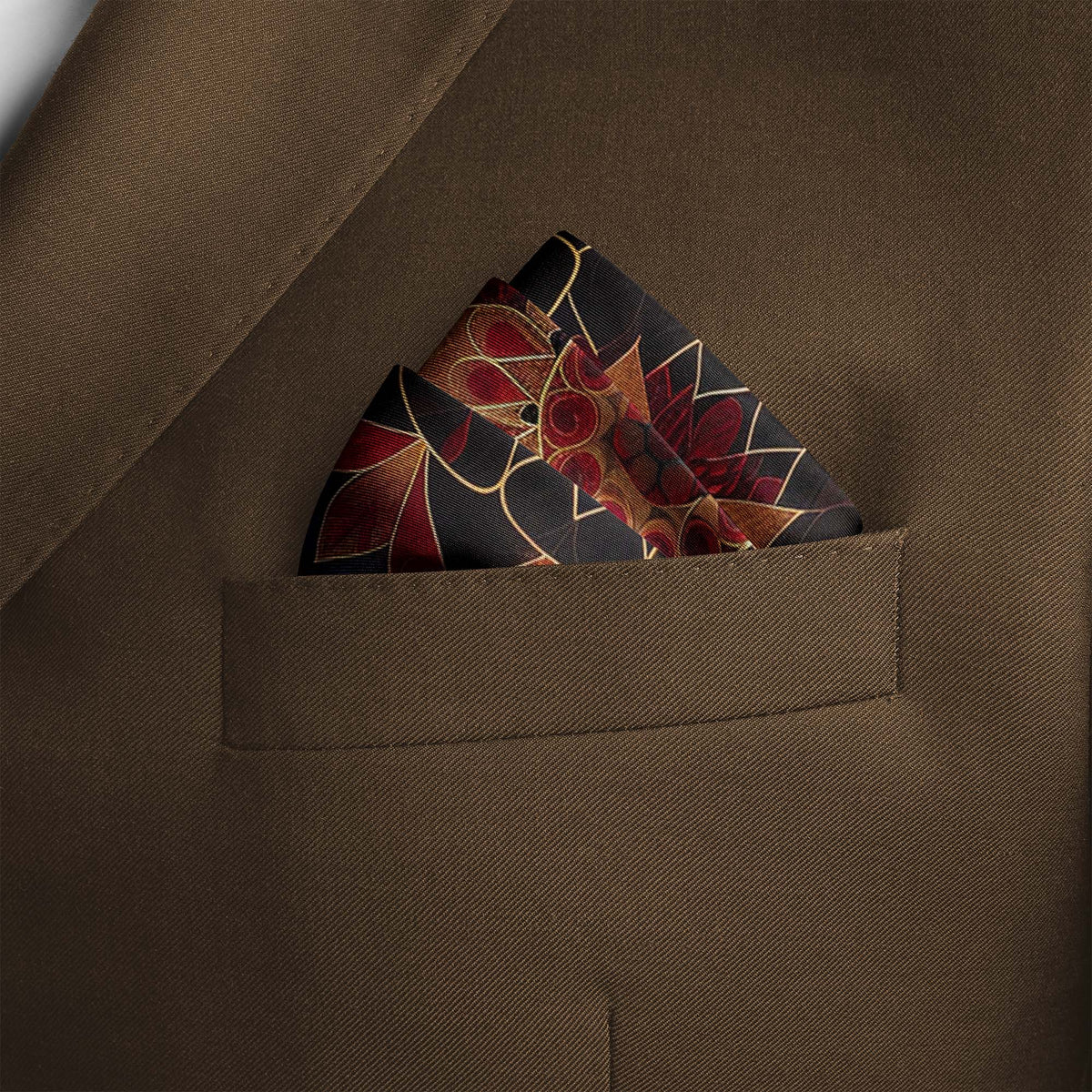 Genuine Silk Garnet Mandala and Royal Lotus Pocket Square